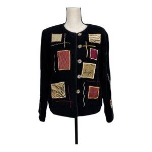 Allure Petite Black Embroidered Patchwork Button Cardigan Sweater PM